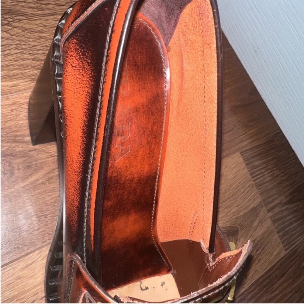Prada Burnished Orange and Brown Leather Heeled Loafers - Picture 7 of 8